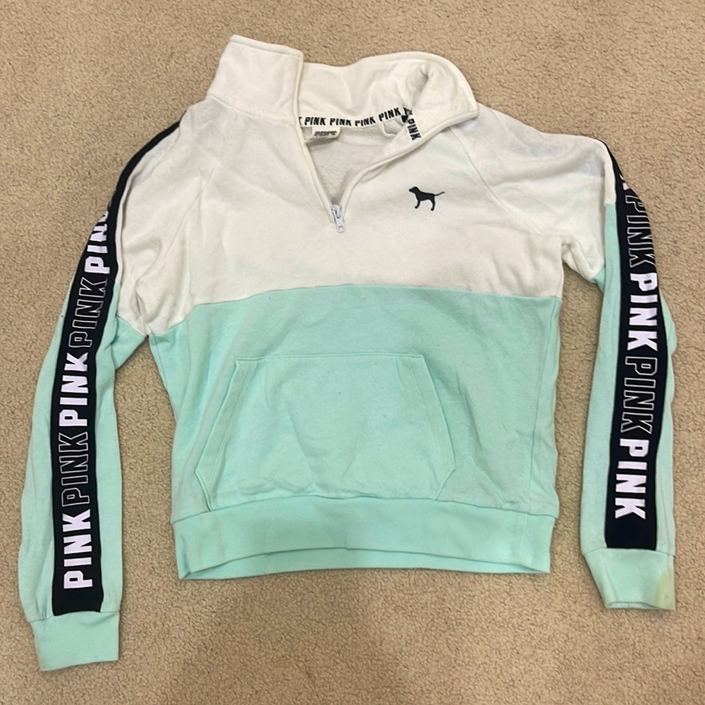 Victoria’s Secret PINK teal and white quarter zip